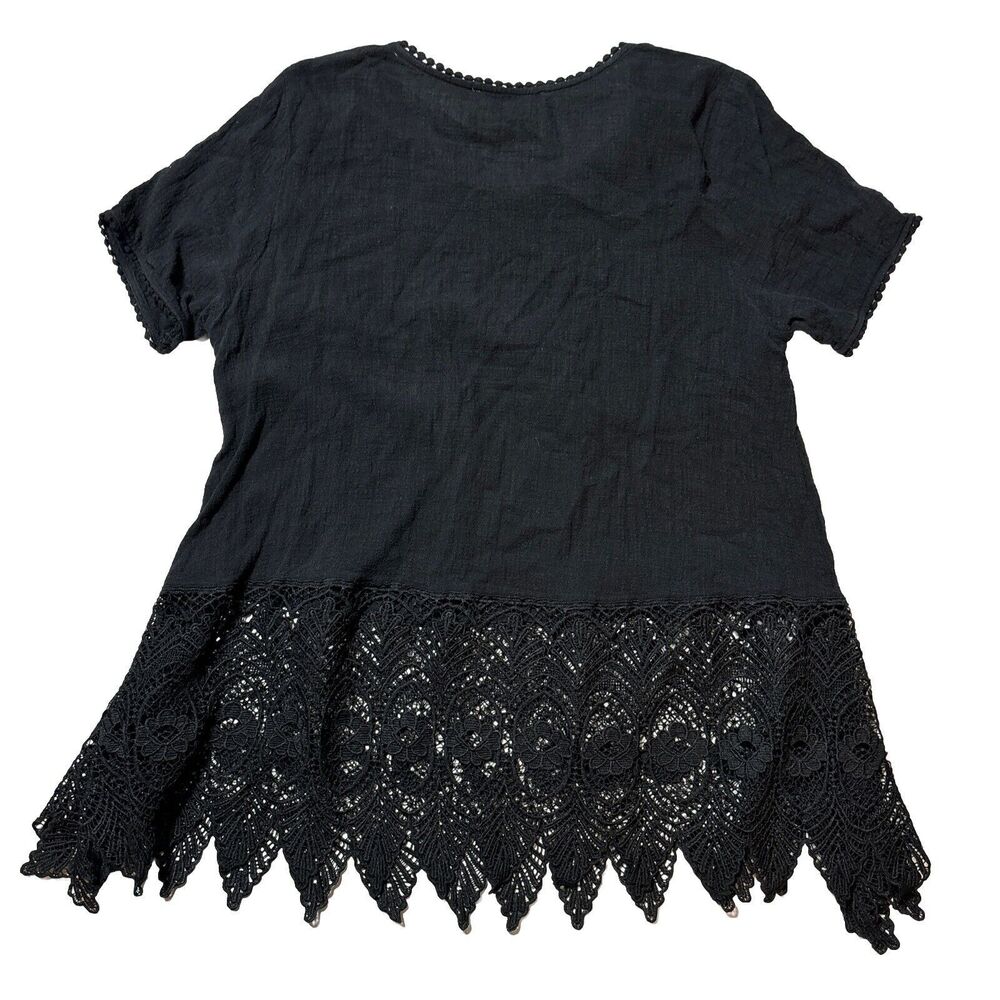 Womens XL Black Linen Top With Lace Trim Goth Fairygoth Cottagecore Lightweight - Picture 2 of 8